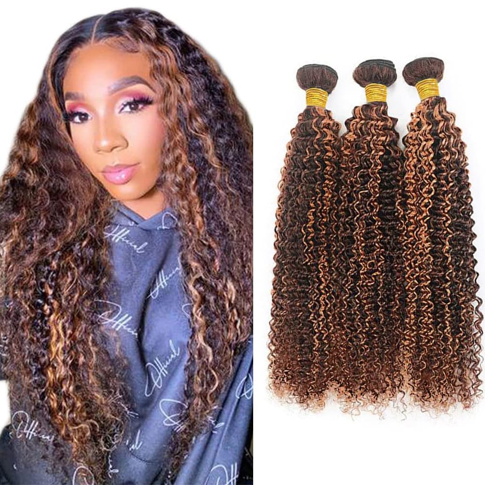 Highlight Human Hair Bundles Light Brown Kinky Curly Bundle 18 20 22 Inch Brazilian Color 30 Human Hair Extensions P4 30 Kinky Curly 3 Bundles