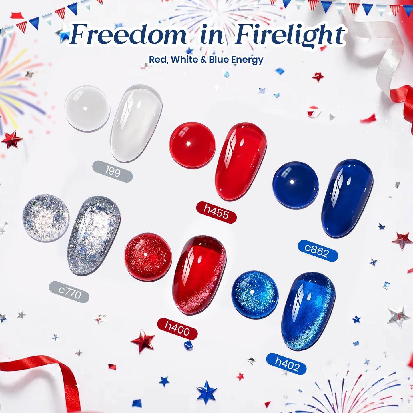 Beetles 4th of July Gel Nail Polish Set, 6 Colors Red White Blue Cat Eye Gel Polish Sliver Glitter Gel Polish with Magnet & Stickers, Patriotic DIY Nail Art Gift for Women