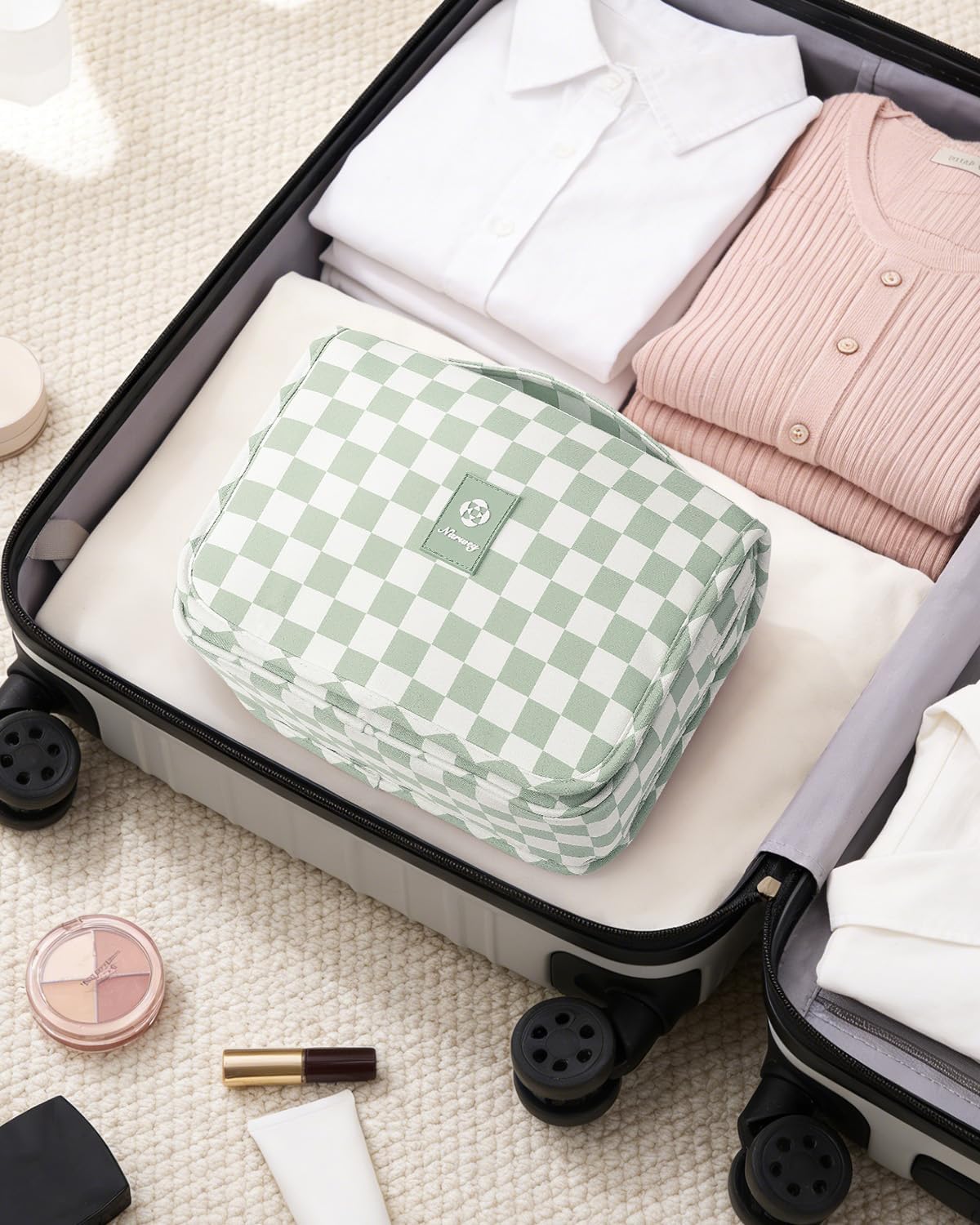 Narwey Small Hanging Travel Toiletry Bag - Checkered Makeup Organizer for Women | Mint Green Checkerboard