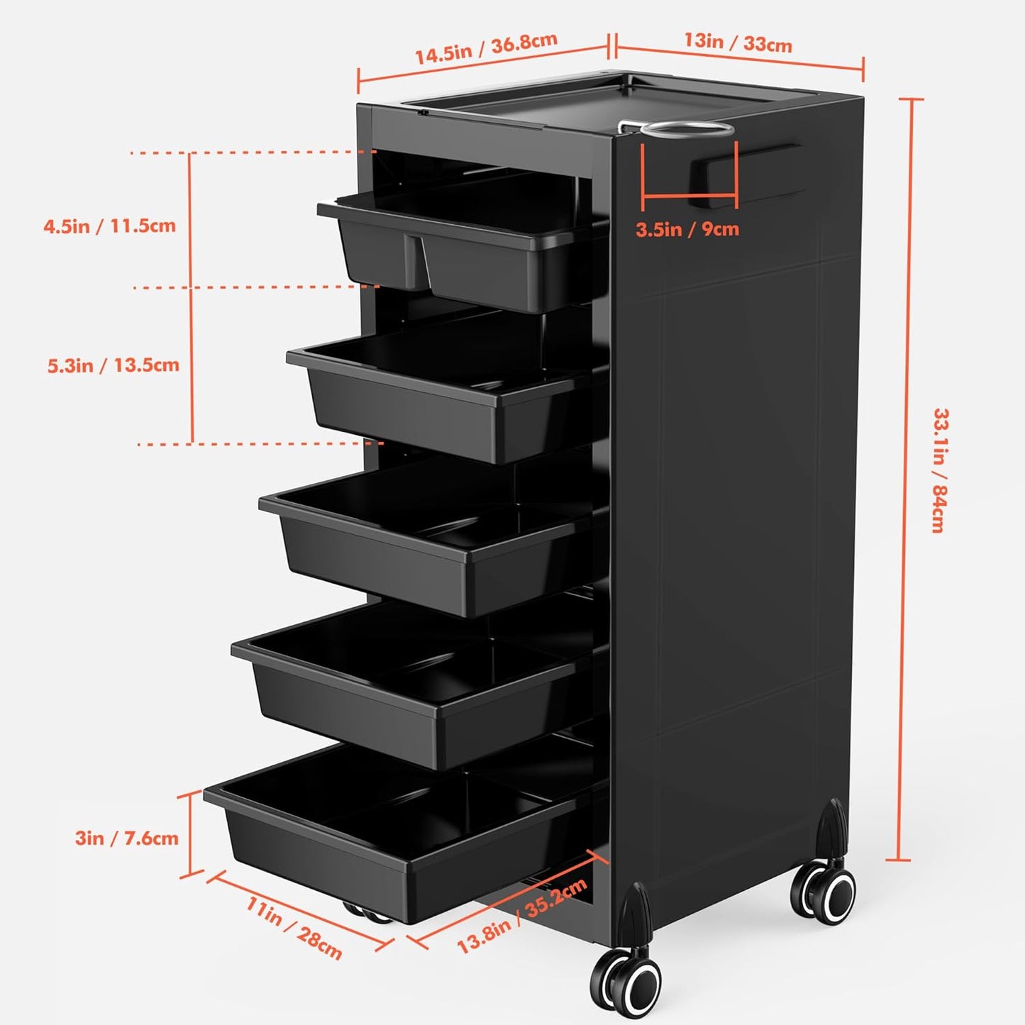 Salon Trolley Cart with Wheels - 5 Drawers & Dryer Holder | Space-Saving Beauty Cart for Hair & Tattoo Use
