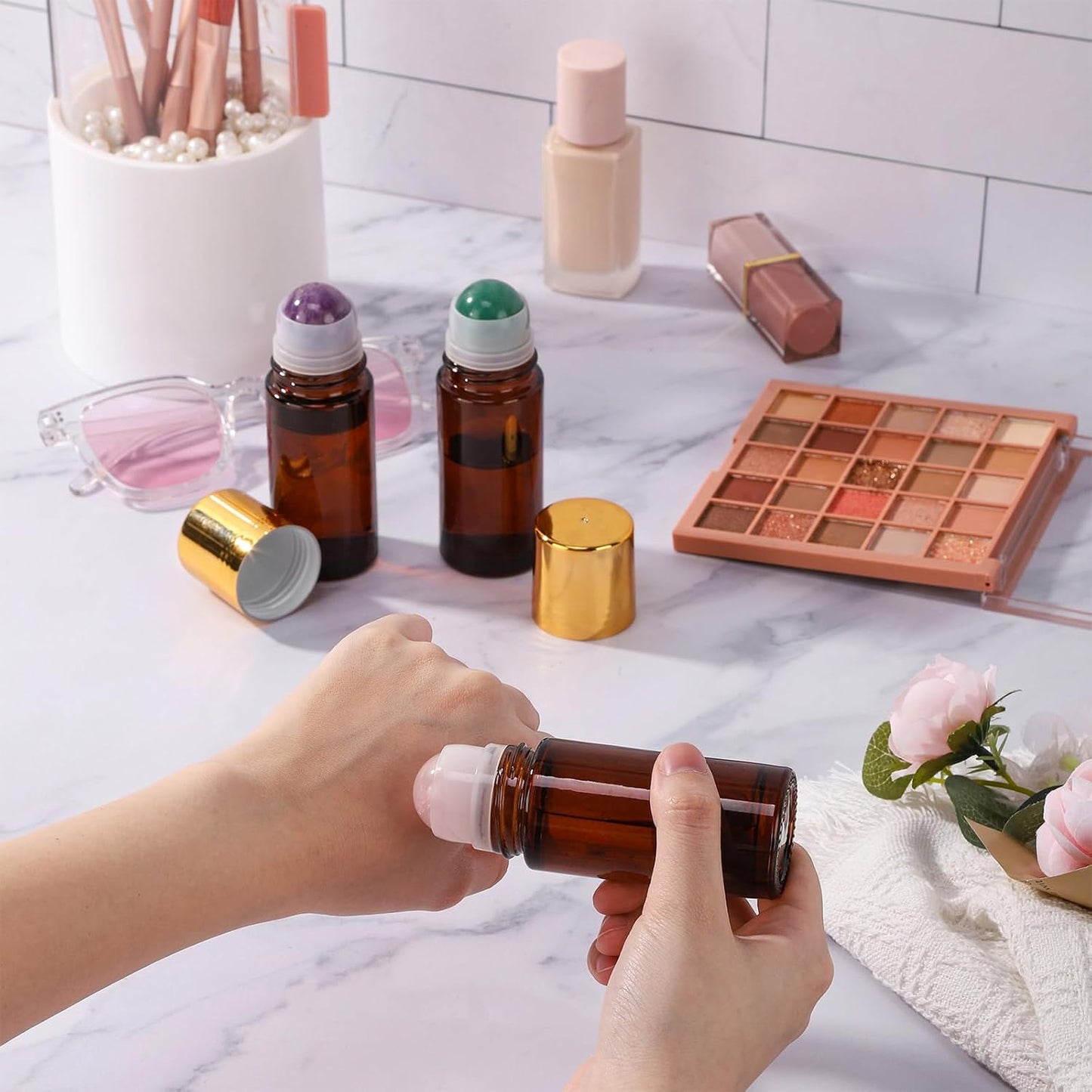 Amber Glass Roll-On Bottles - 2 Pack 1.7oz Refillable Containers with Rose Quartz Rollerball for Essential Oils & Perfume