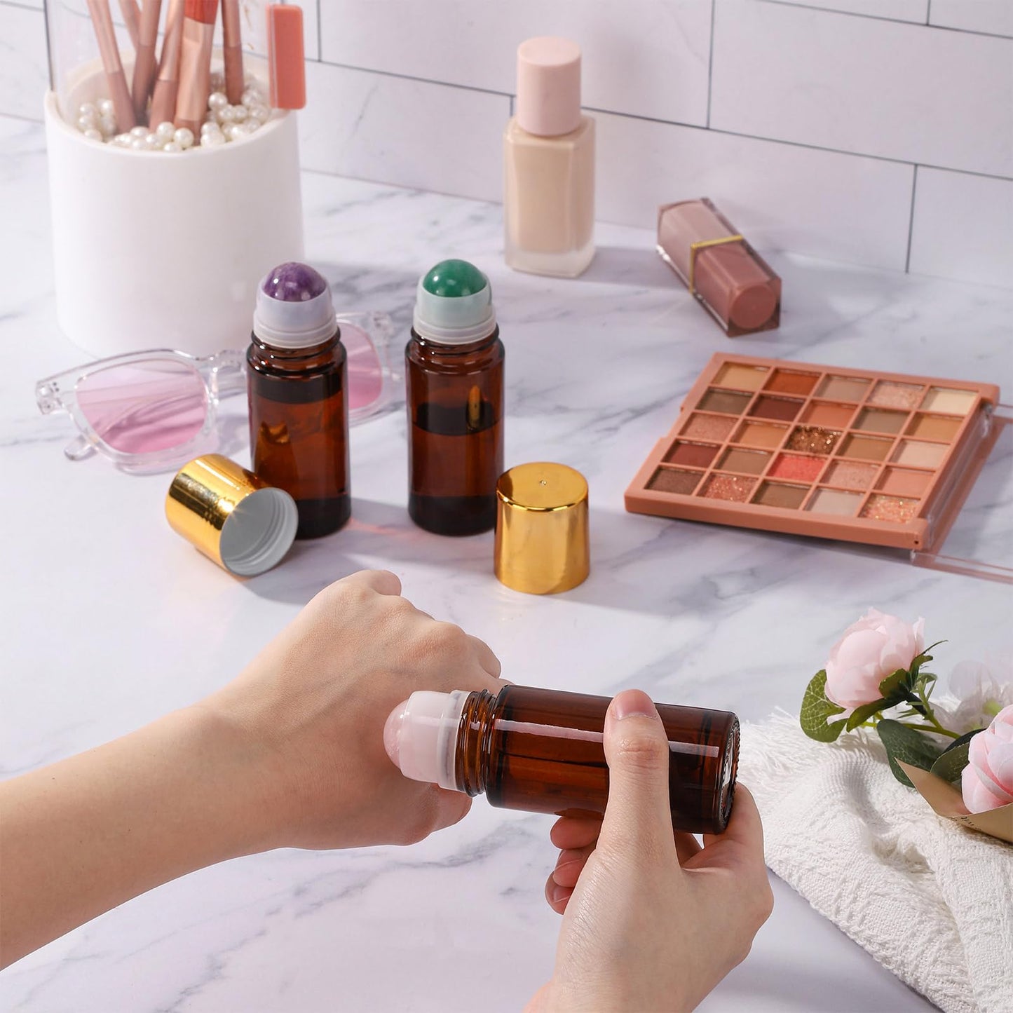 RAMFIYN 1.7oz Large Amber Glass Roll on Bottles for Essential Oils Perfume Refillable Roller Ball Applicator Empty Deodorant Containers with Pink Crystal Rollerball