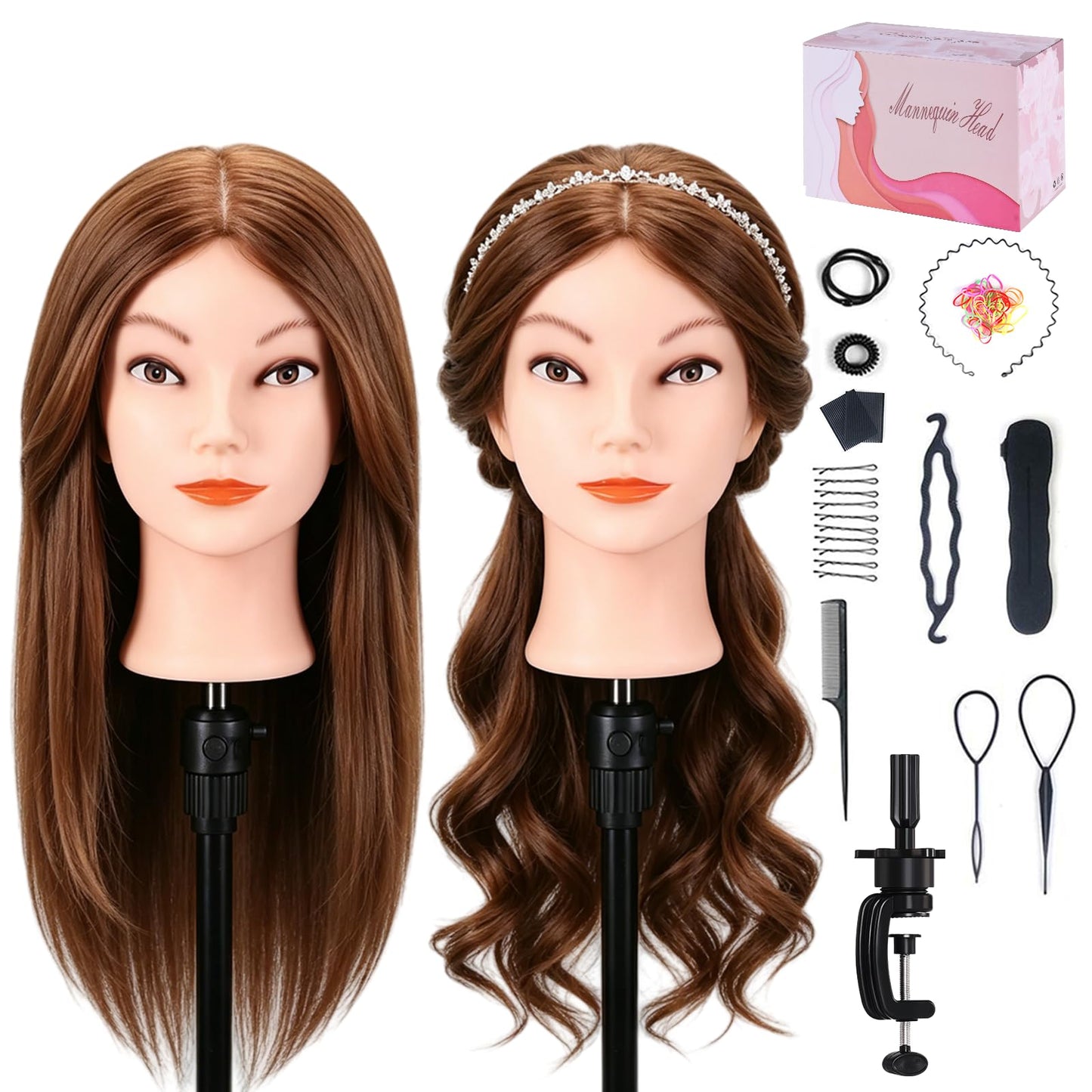 Mannequin Head with 100% Real Human Hair, Beauty Star Manikin Doll Head for Hair Styling, Cosmetology Hairdressing Training Practice Head with Clamp Stand and Braiding Accessories Kit (18" Dark Brown)