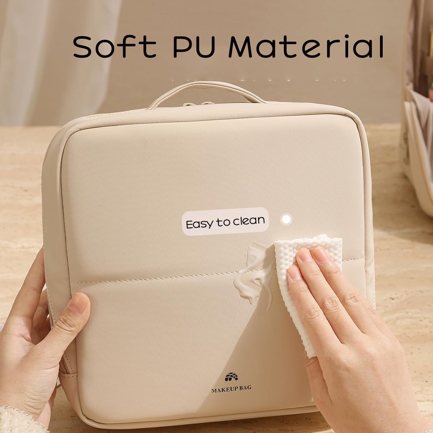 Foldable Magnetic Makeup Bag - Large Capacity PU Leather Cosmetic Organizer with Phone Holder & Detachable Dividers | Light Pink