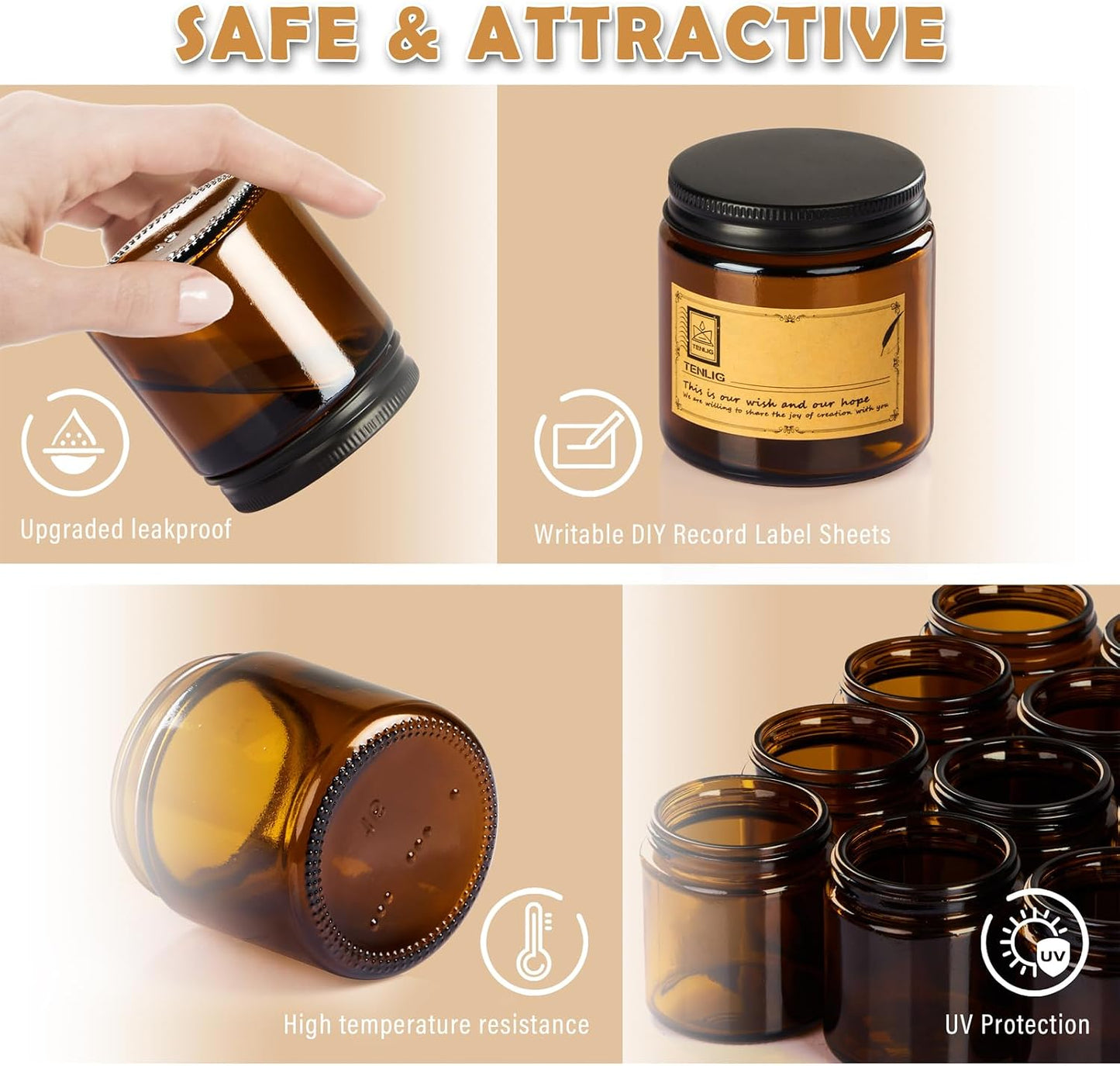 Amber Glass Jars - 4 oz Refillable Airtight Cosmetic Containers | 12 Pack with Black Metal Lids & Inner Liners