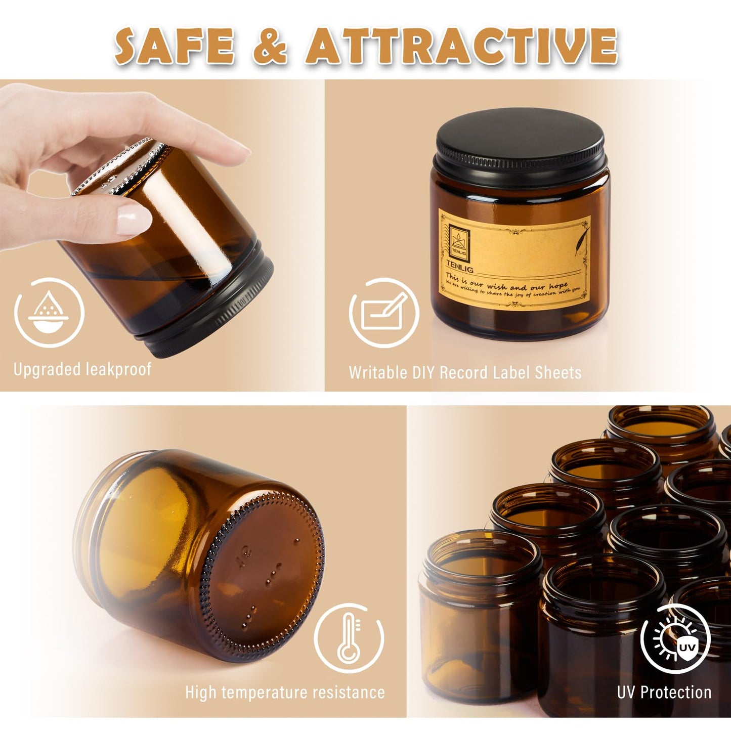 TENLIG 4 oz Glass Jars with Lids,Amber,12 Pack Empty Cosmetic Containers with Inner lids and Inner Liners,Black Metal Lid,Refillable Round Airtight Jars,Use to store Lotion,Powders,Candle Making