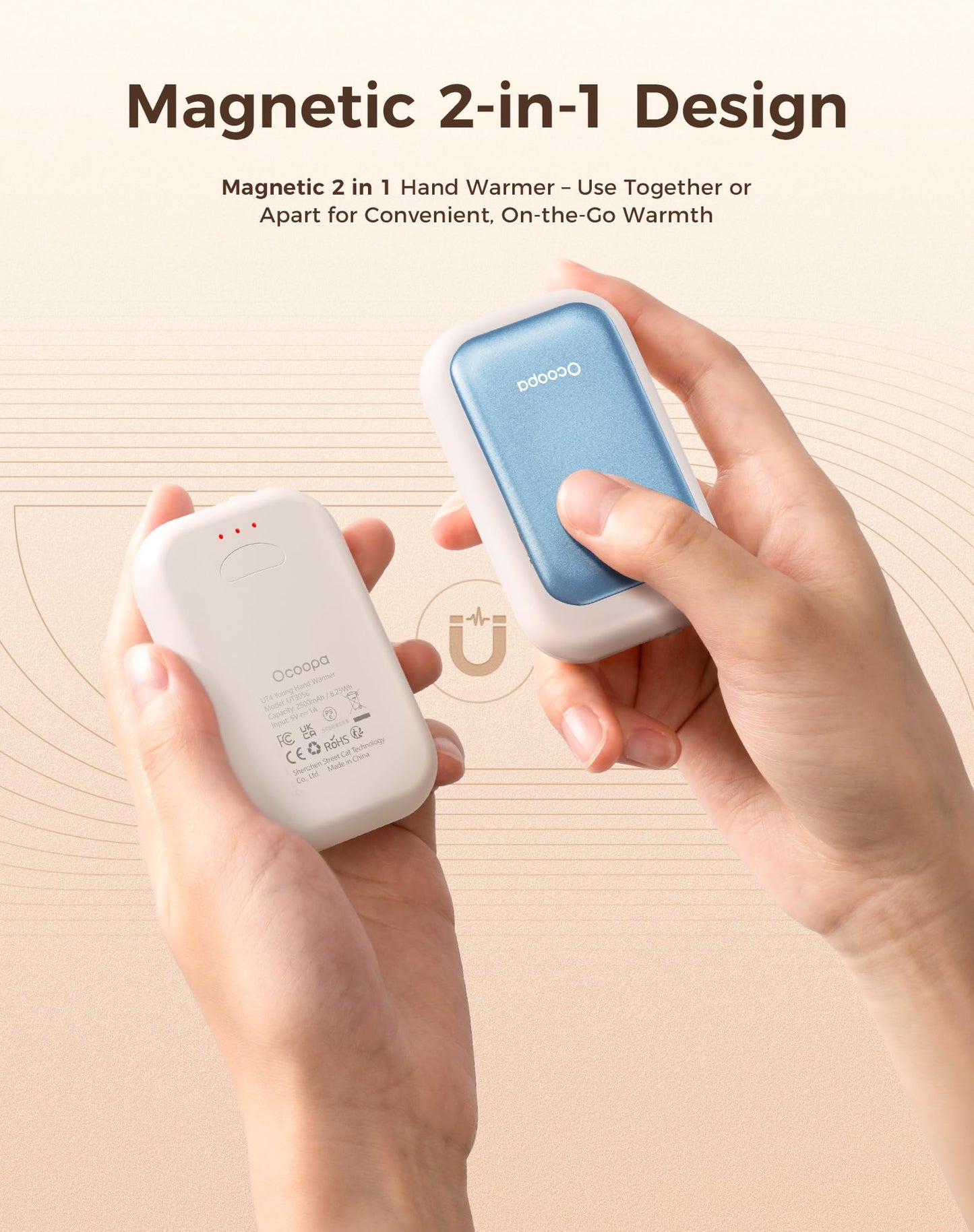 OCOOPA UT4 Young Rechargeable Hand Warmers 2 Pack, 0.6'' Slim Magnetic Design, Fits in Gloves & Pockets, UL Certified, Electric Hand Warmer, for Women, Winter Essentials