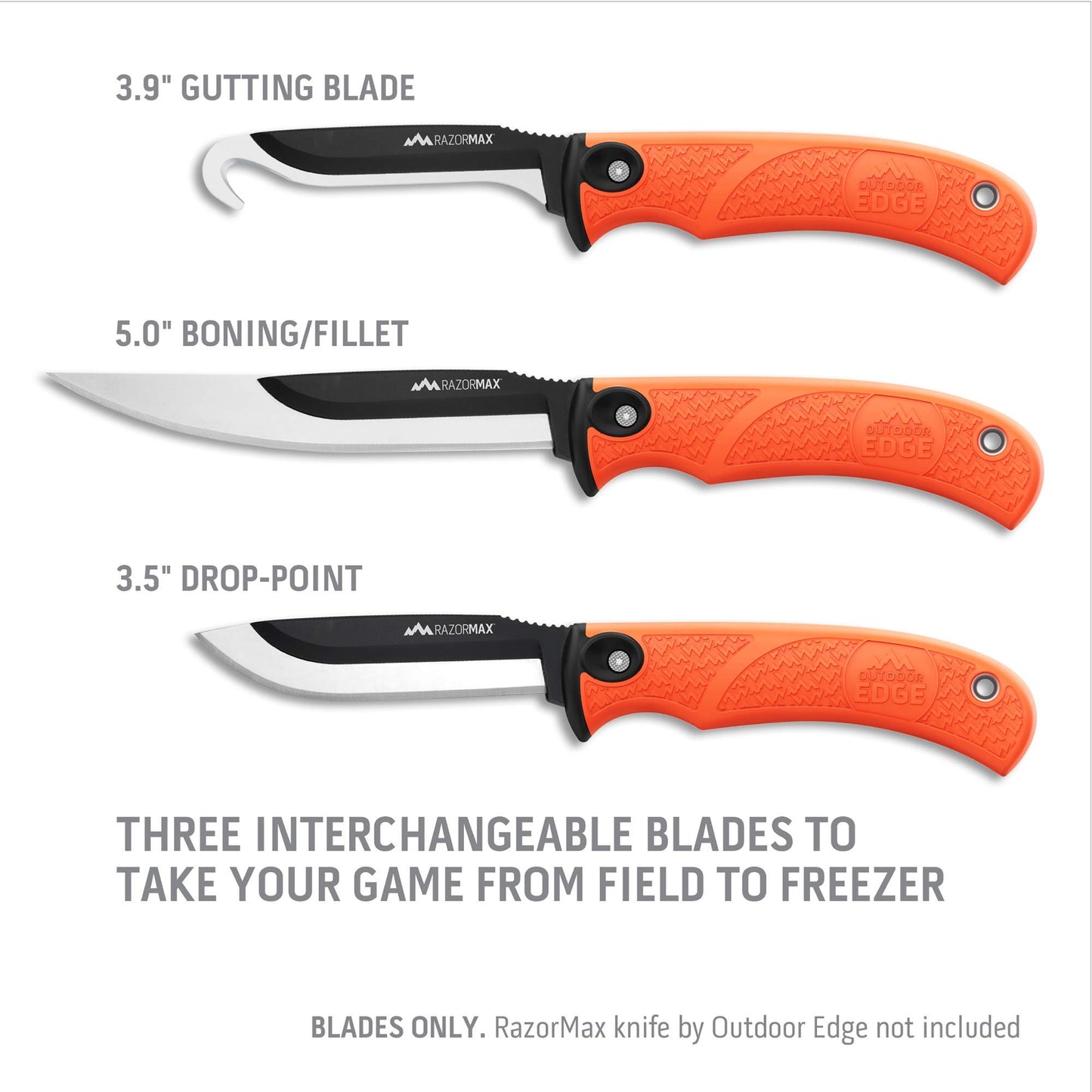 OUTDOOR EDGE 3.5" RazorSafe Replacement Knife Blades - 6 Piece Combo Set (3 Drop-Point, 2 Boning/Fillet, 1 Gutting Blades) Plus Blade Storage Box