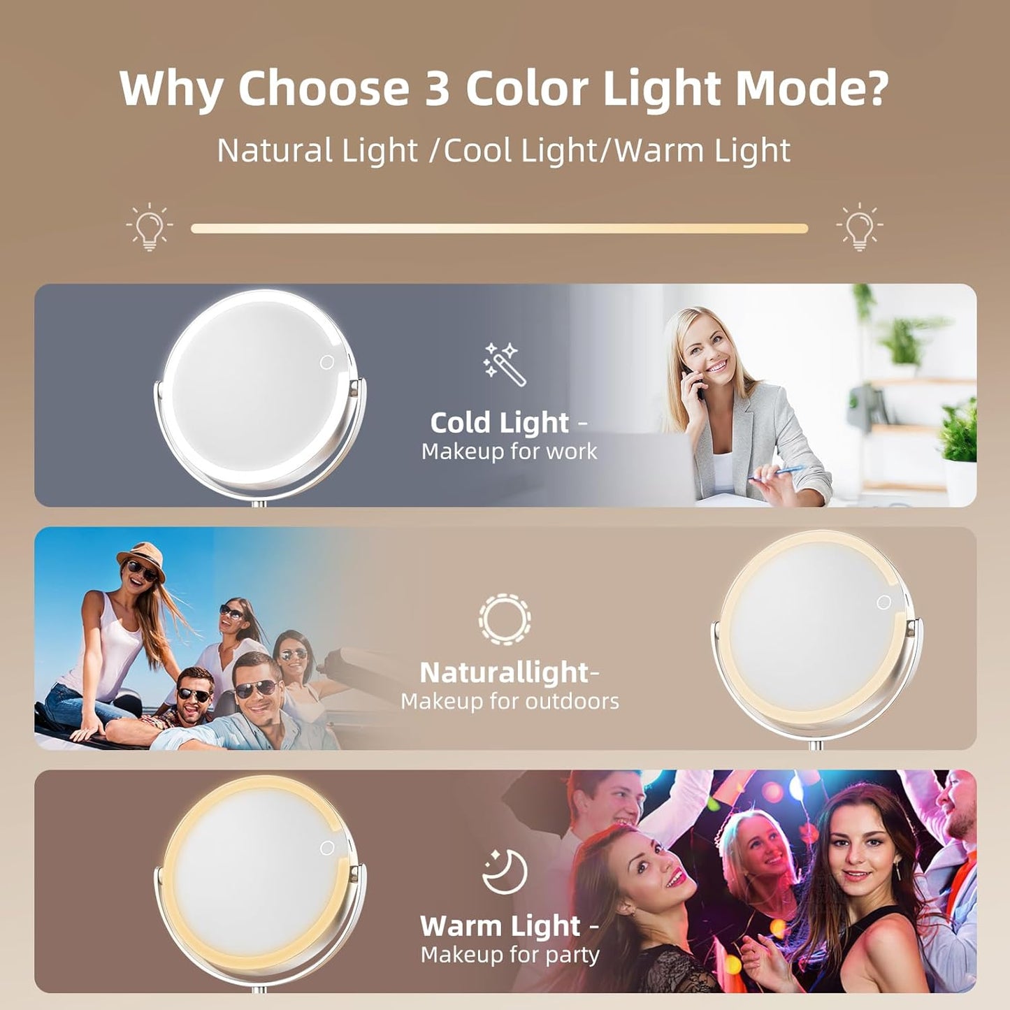 Makeup Mirror with Lights - 8" Double-Sided Magnifying Vanity Mirror 1X/10X | Rechargeable, Adjustable Brightness, 3 Colors