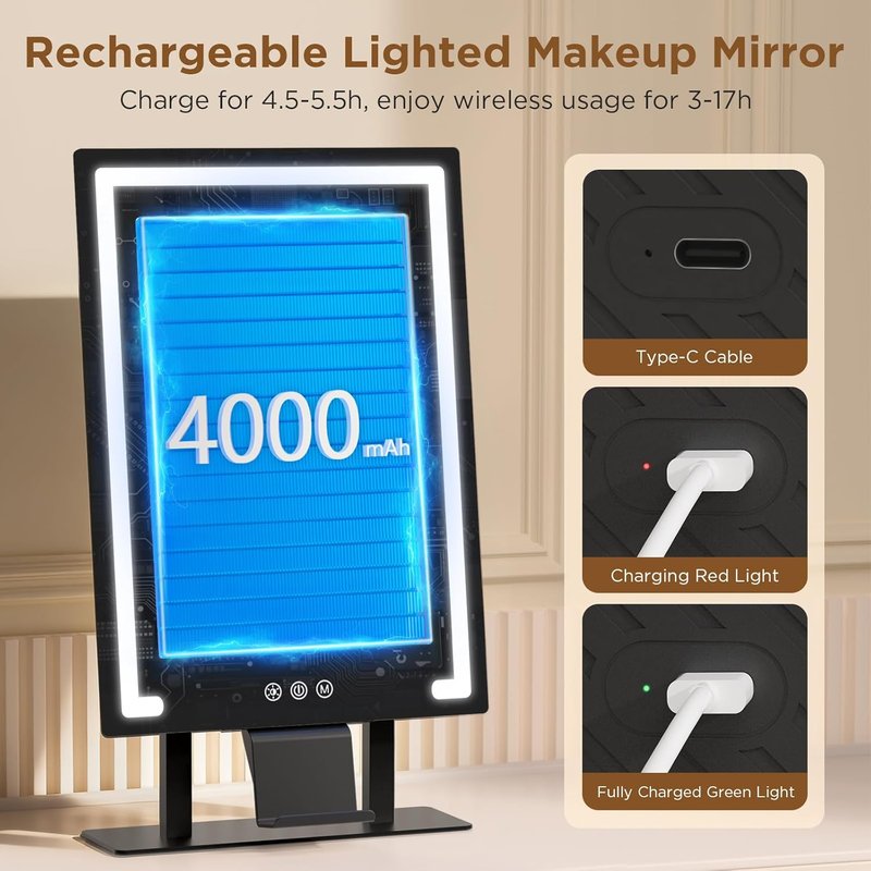 Vanity Mirror with Lights - 3 Color Modes & 10x Magnification | Rechargeable Makeup Mirror with Smart Touch Control & Phone Holder