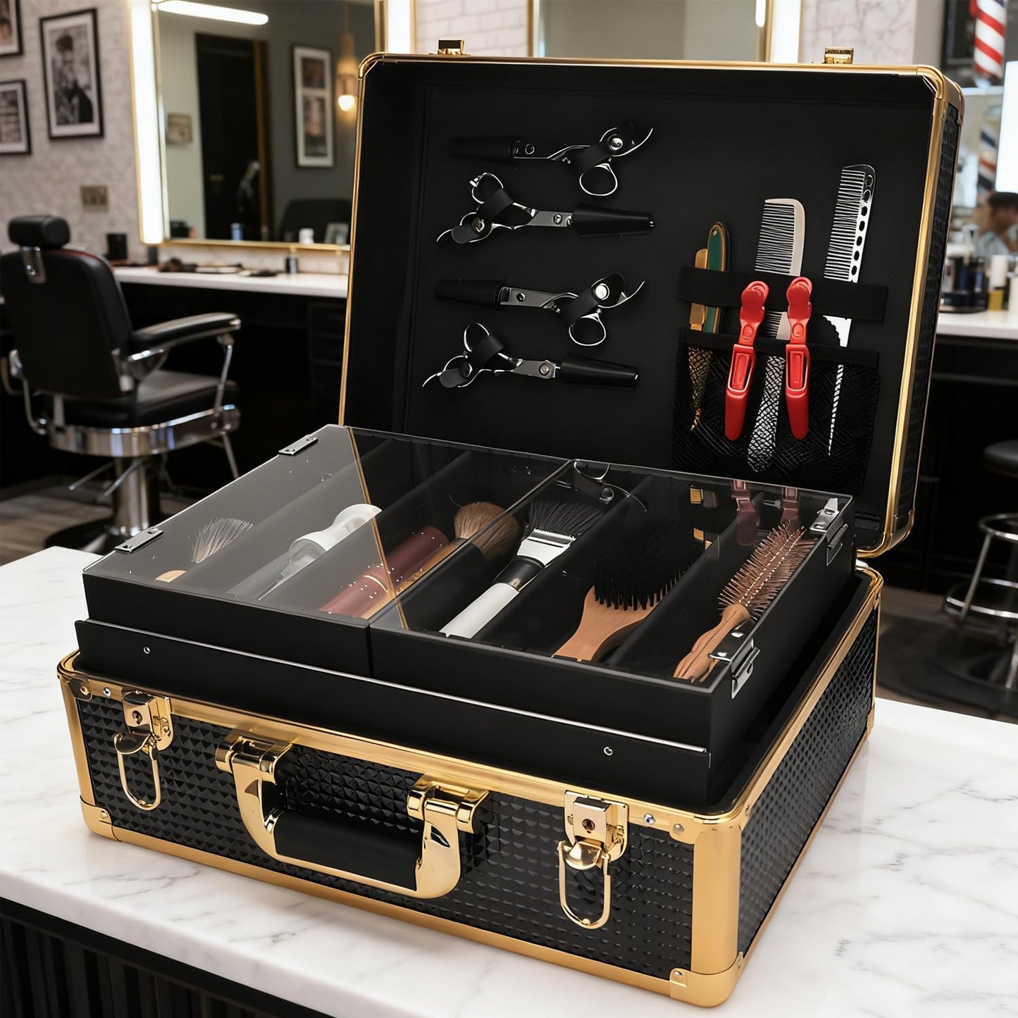 QIPOKAN 3-Layer Large Barber Travel Case with 6 Electric Clipper Slots and Transparent Acrylic Sliding Tray, Professional Barber Case,Suitable for Beauty Hair Stylist Salon Makeup Artist (Gold)