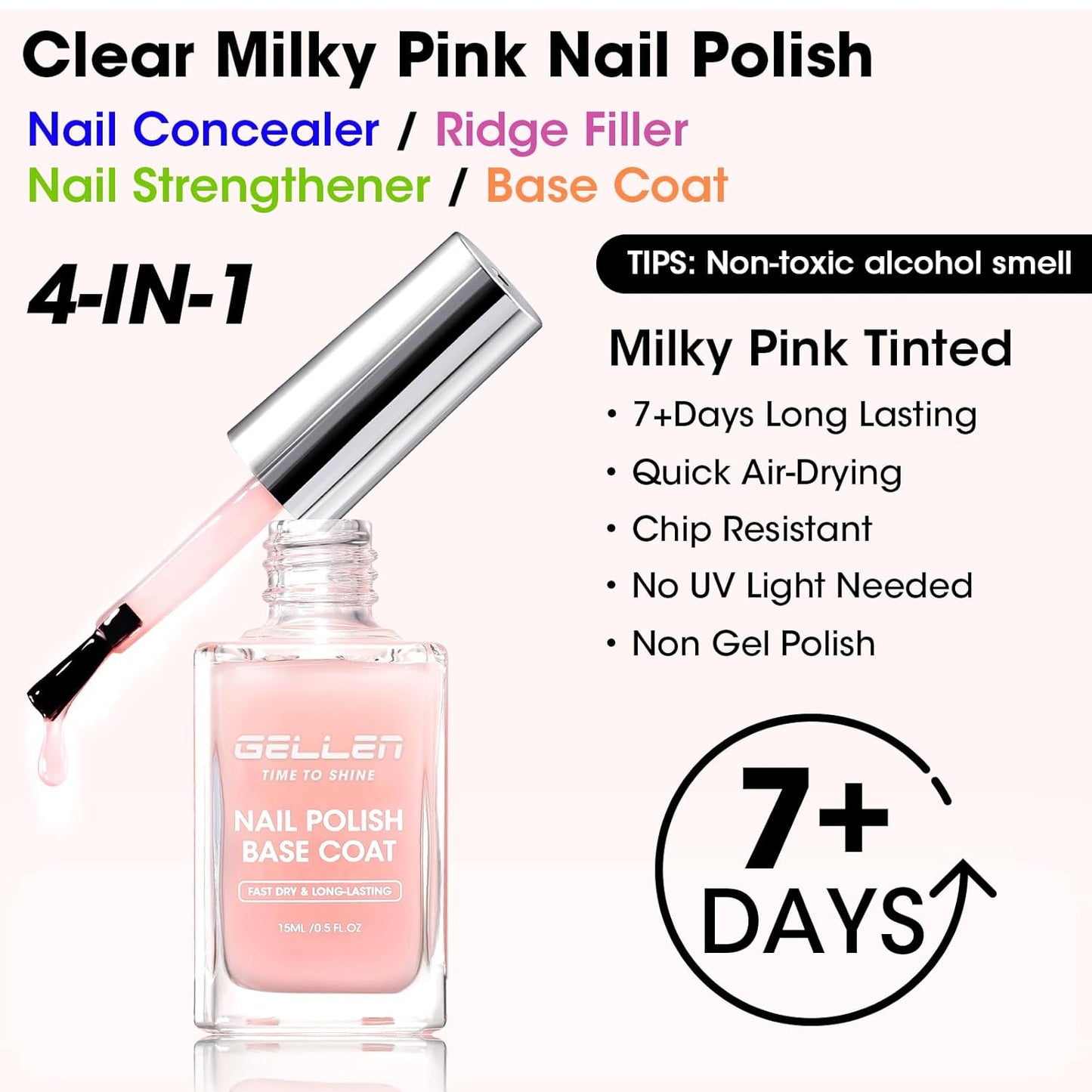 GELLEN 4-in-1 Clear Nail Polish - Base Coat, Sheer Tinted Milky Pink | Ridge Filler & Nail Strengthener