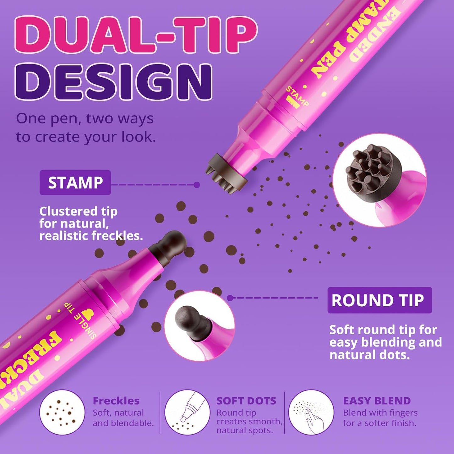 Freckle Stamp Pen - Dual-Ended Soft Sponge & Precision Tip for Realistic Faux Freckles | Waterproof Long-Lasting Marker (Soft Warm Brown)