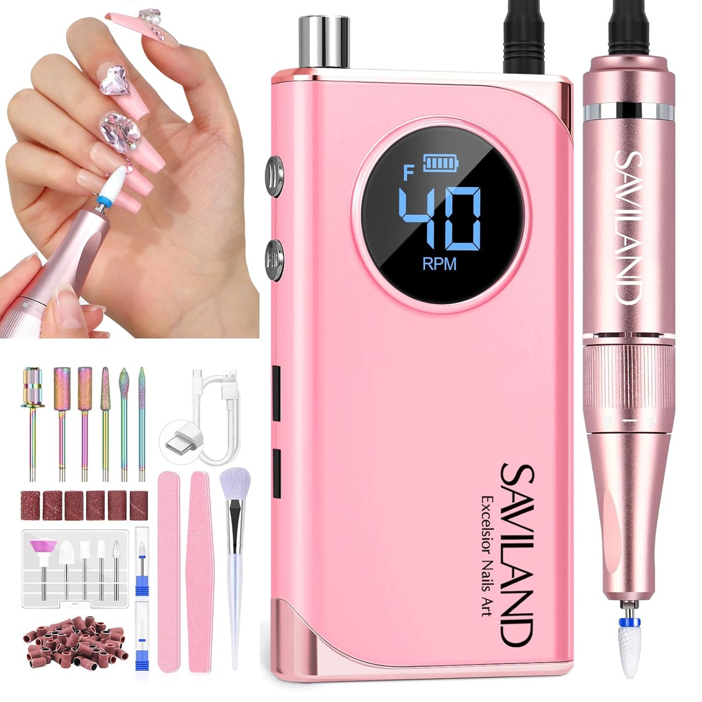 **SAVILAND Professional Nail Drill - 40000RPM Rechargeable Electric Filer Kit for Acrylic Nails | 6000mAh Battery, Pink**