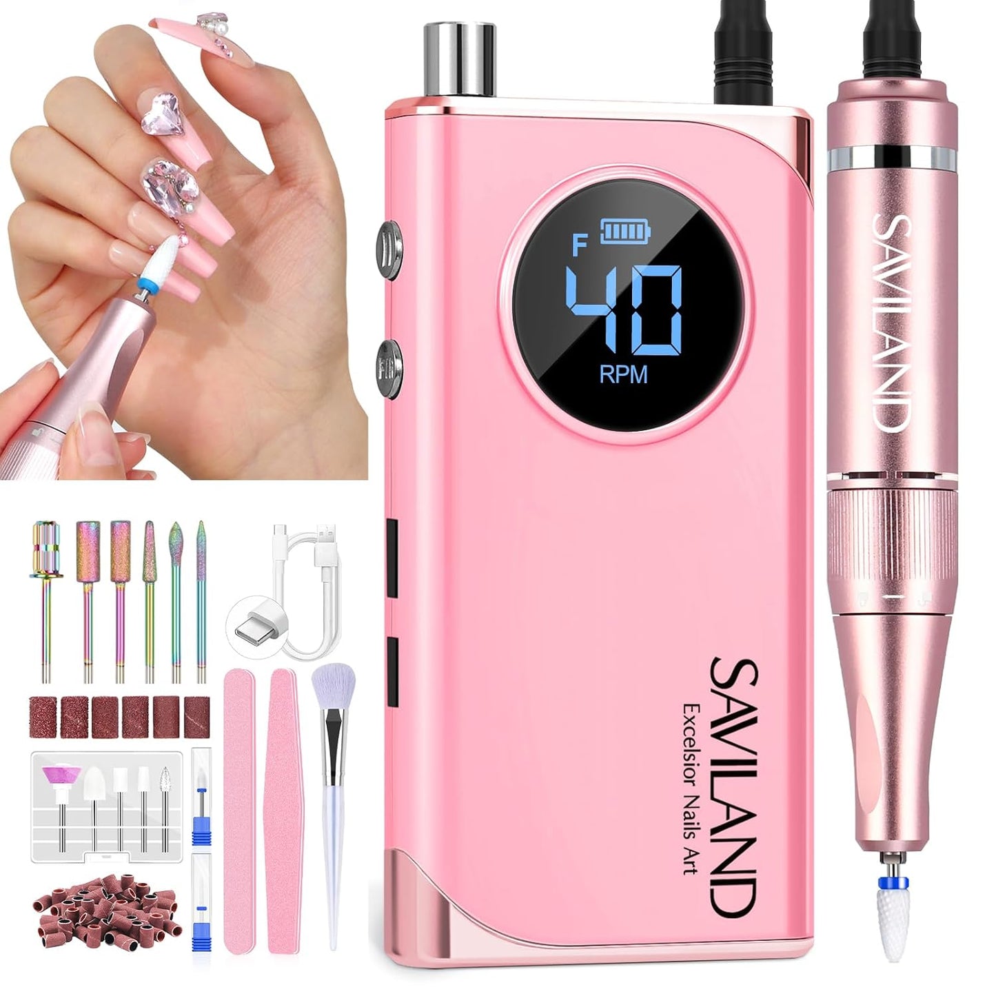 SAVILAND Professional Nail Drill - 40000RPM Rechargeable Electric Filer with 6000mAh Battery | Pink Acrylic Nail Kit for Home Salon