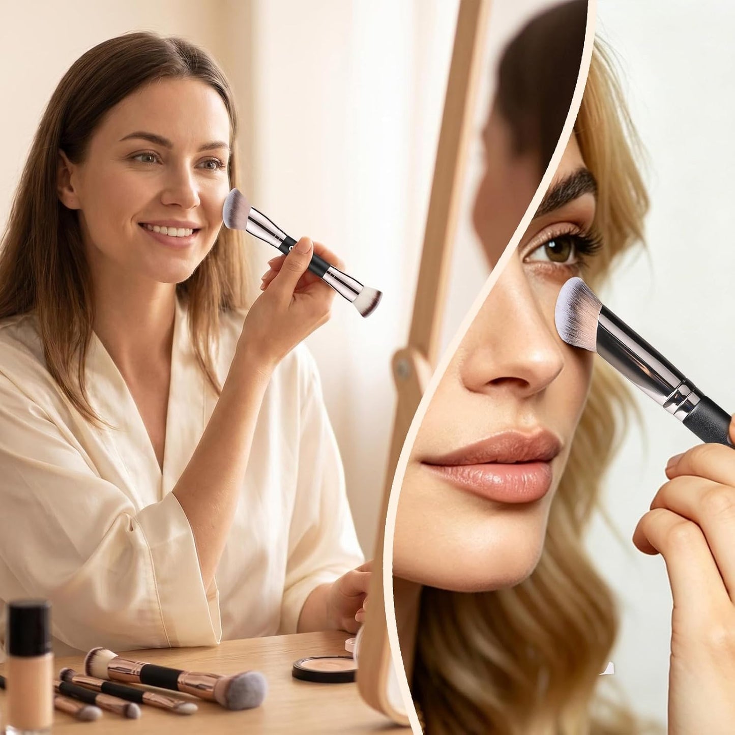 Foundation Concealer Contour Brush Set - 3 Dual-Ended Makeup Brushes for Liquid & Powder | Cruelty-Free & Vegan