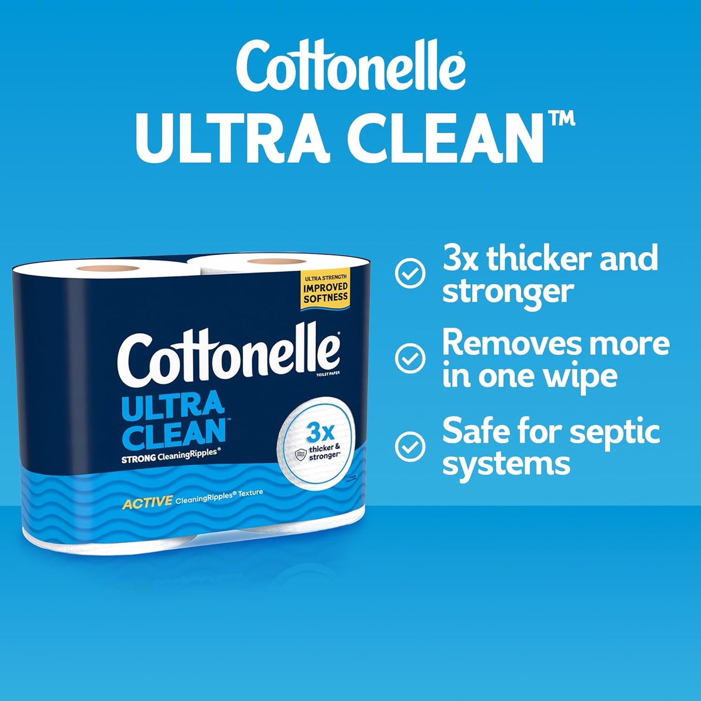 Cottonelle Ultra Clean Toilet Paper - Active Cleaning Ripples Texture, 24 Mega Rolls | Strong Bath Tissue