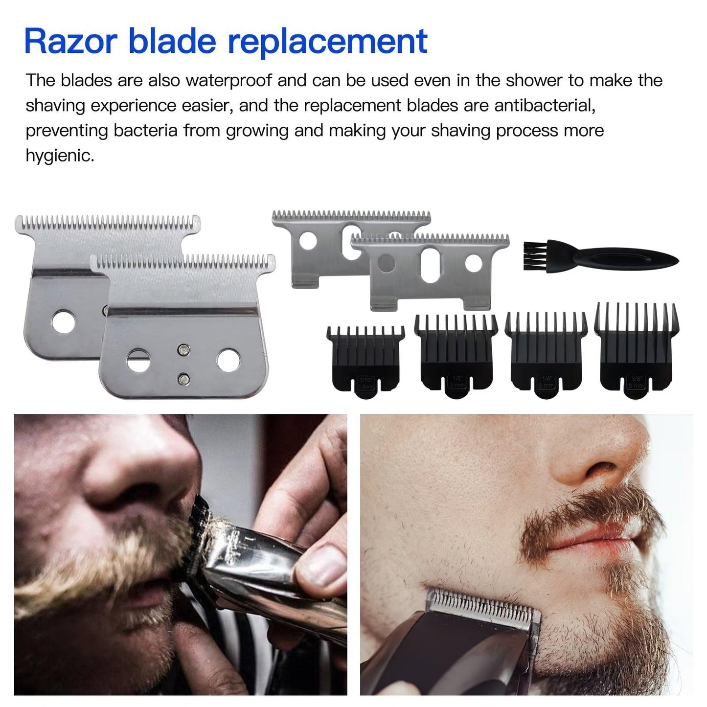 Updated 2 Pack T Out-liner Blades for Andis T Out-liner Trimmer, for GTX Replacement Blade with Brush, Steel T Blade Set with 4 Guards Guides for Hair Clippers Model #04710/04521, Silver by Vicue