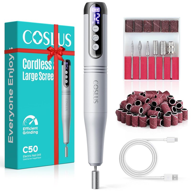 COSLUS Cordless Electric Nail Drill - 12-Speed Professional Nail File with LED Display | Grey, Perfect for Gel Removal & Nail Art
