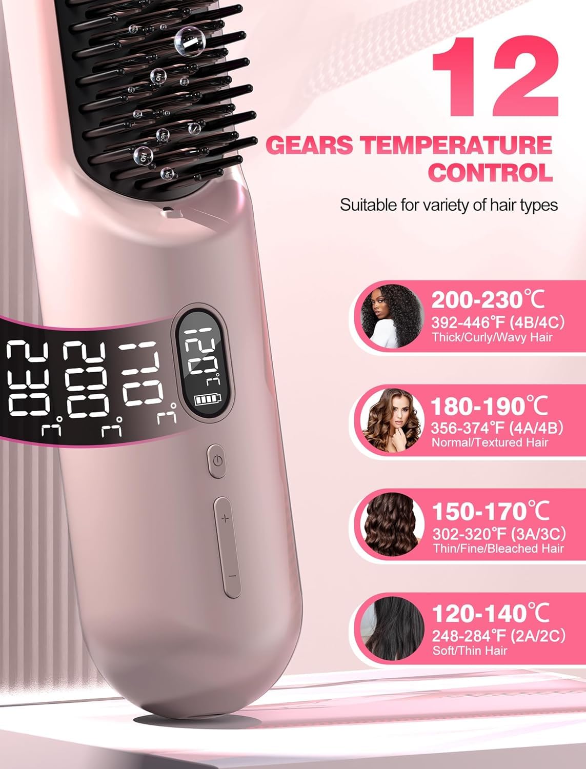 Cordless Hair Straightener Brush Go Brush Pro for Short Hair, Travel Hair Straightener with 20M Negative Ions, Rechargeable Straightening Brush, 30s Fast Heat, 12 Temp Settings, Anti-Scald, Pink