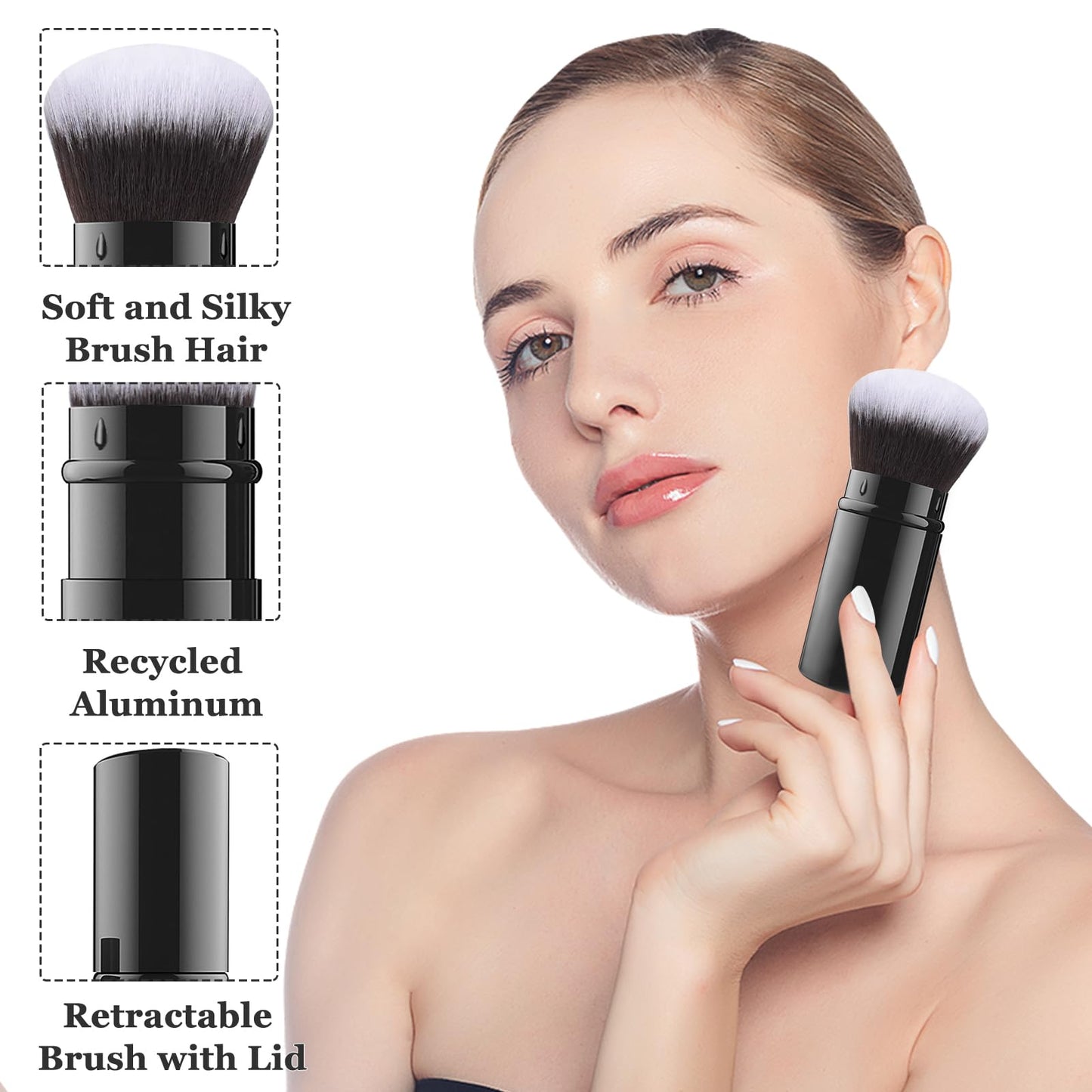Falliny Retractable Kabuki Makeup Brush, Travel Powder Foundation Professional Blush Makeup Brushes With Aluminum Handle for Liquid, Cream, Cosmetics, Loose Powder