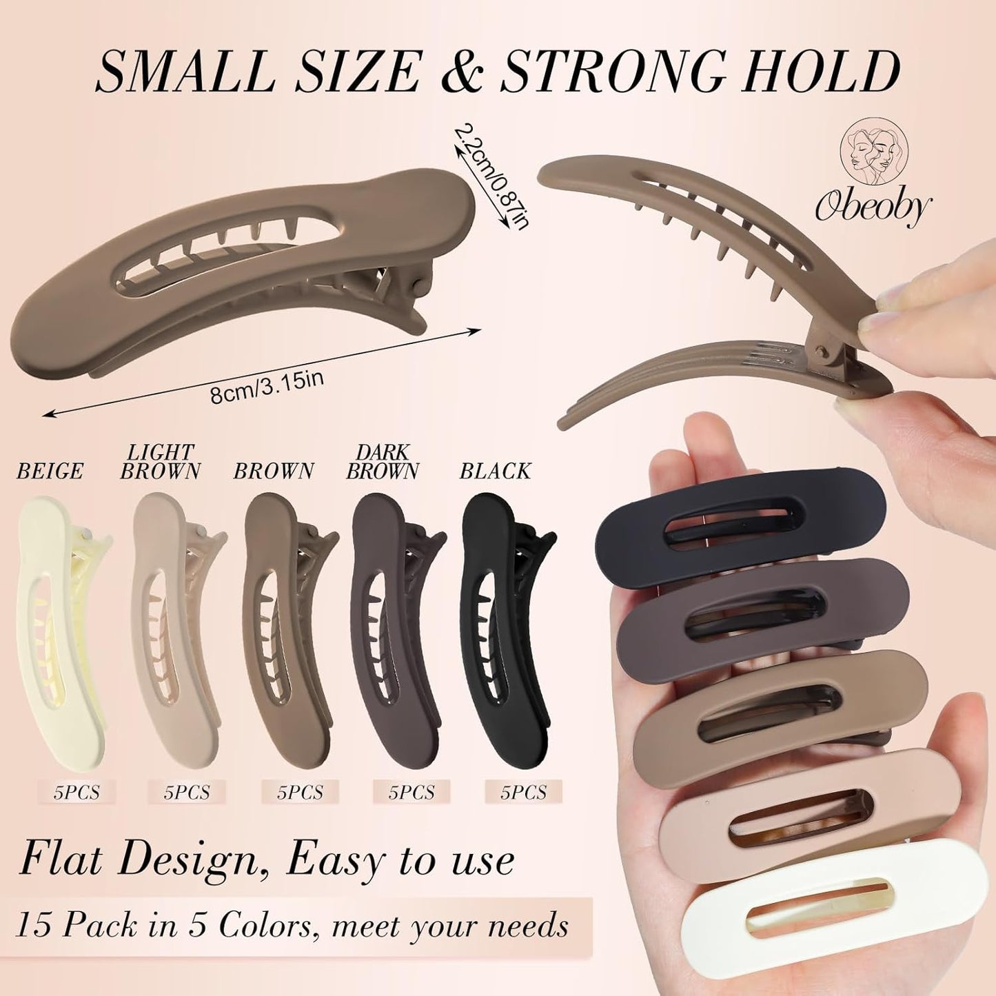 15 Pcs Small Flat Hair Clips - 3.1 Inch Medium Claw Clips for Short Thin Hair | 5 Natural Colors