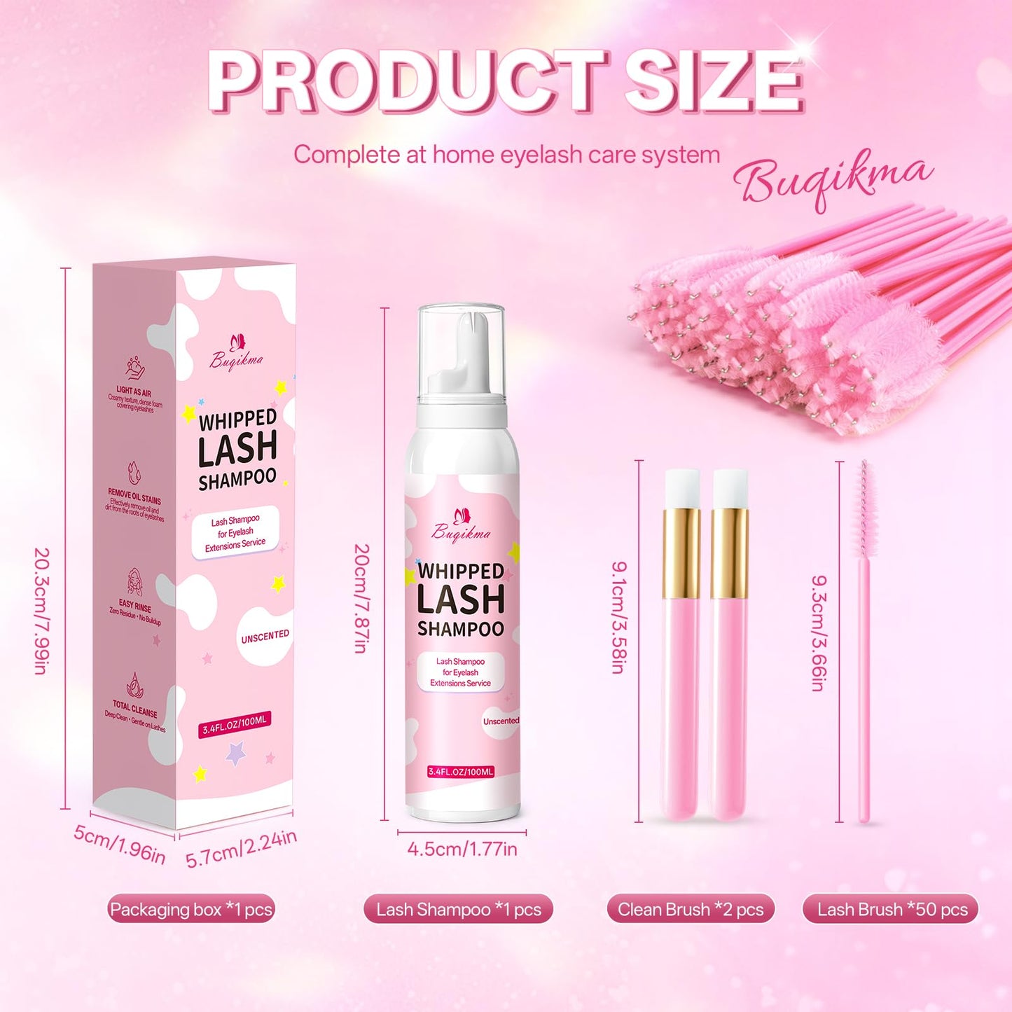 Buqikma Whipped Lash Shampoo Eyelash Extension Cleanser 3.4Fl Oz, Unscented
