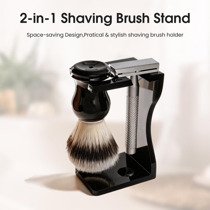 Keropy 2-in-1 Shaving Brush and Razor Stand, Black Acrylic Razor Holder with Brush, One-Piece Shave Brush Stand, Safety Razor Stand for Men, Universal Bathroom Storage Organizer, Grooming Gift for Men