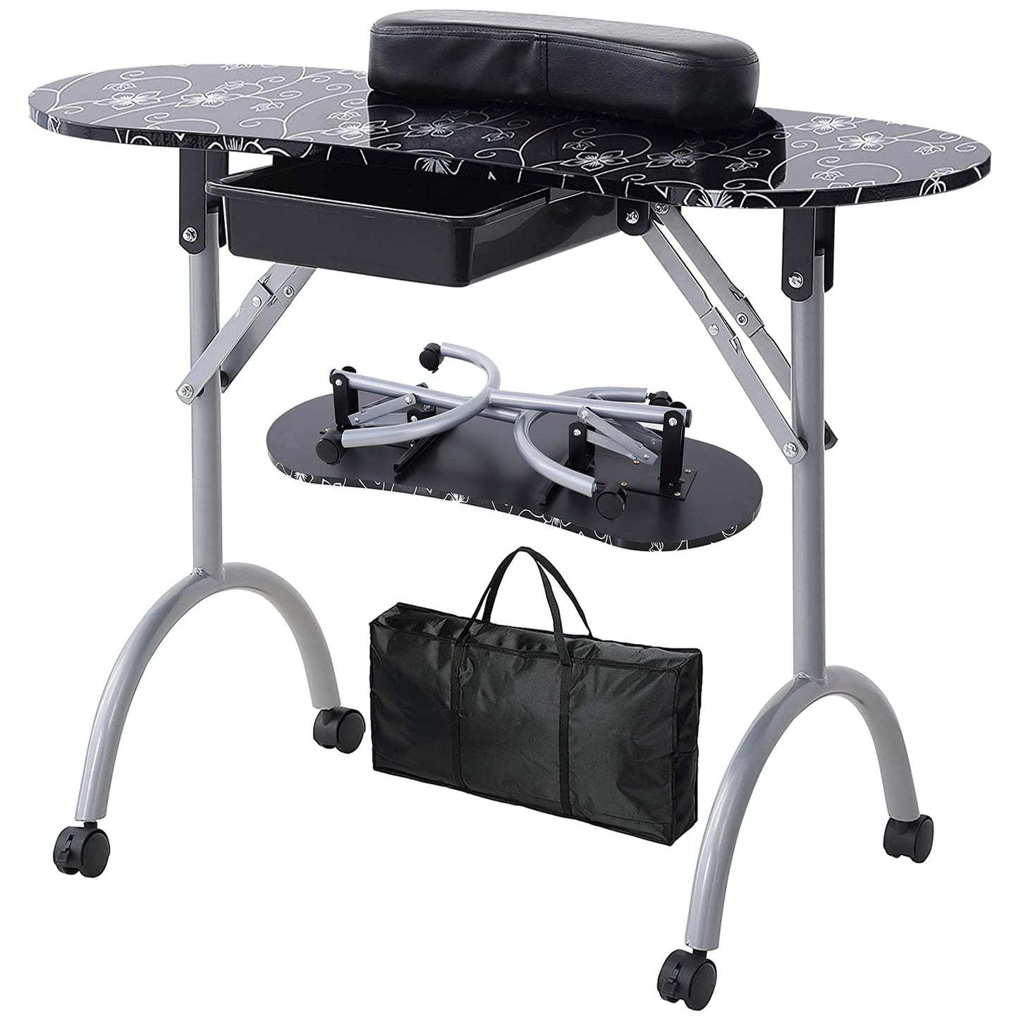 WELLHUT Nail Table Portable Manicure Tables with Carrying Bag, Salon Station Foldable Nail Desk with Large Drawer, Wrist Rest, Lockable Wheels for Home Spa Beauty Salon Mobile Nail Tech