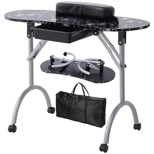 WELLHUT Nail Table Portable Manicure Tables with Carrying Bag, Salon Station Foldable Nail Desk with Large Drawer, Wrist Rest, Lockable Wheels for Home Spa Beauty Salon Mobile Nail Tech