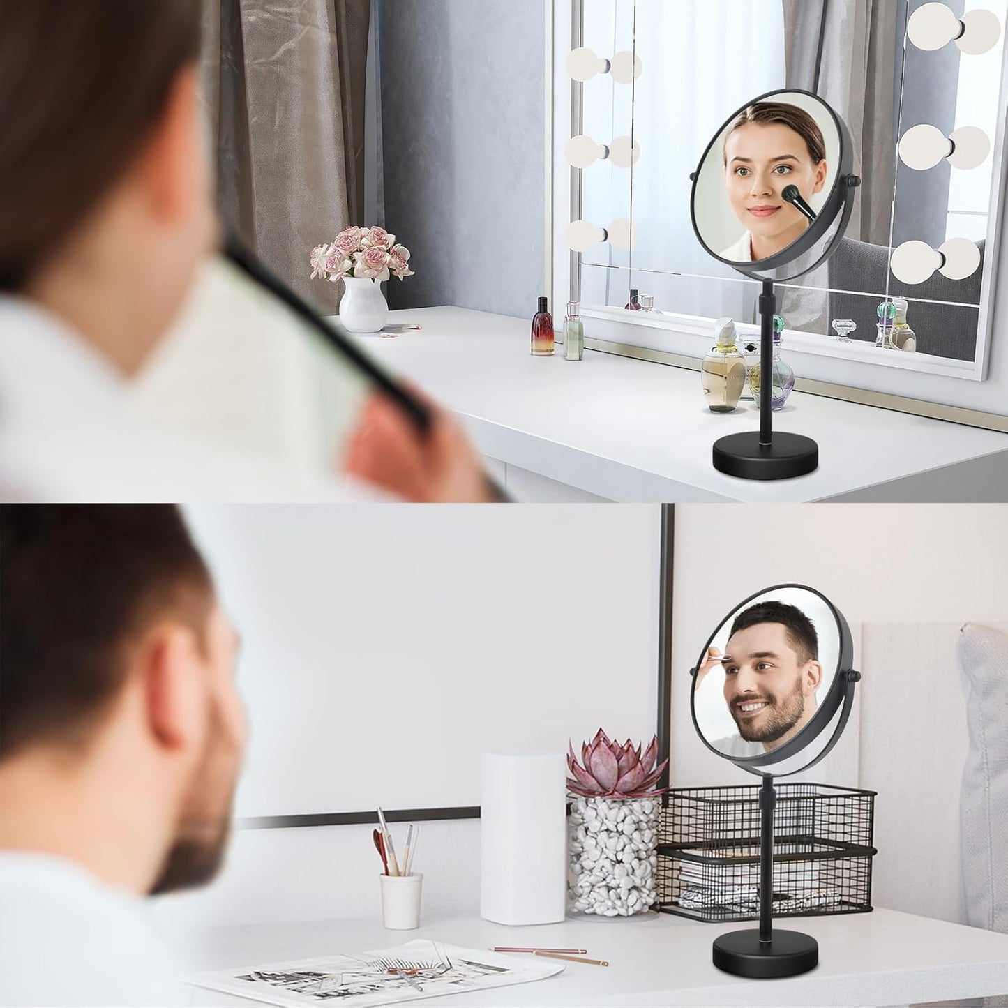 Adjustable 8-Inch Makeup Mirror - 5X Magnification, Double-Sided, Matte Black Finish | Perfect for Countertop Use