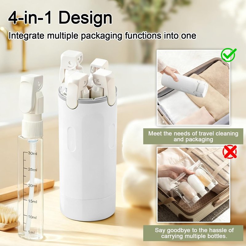 Travel Dispenser Bottles - 4-in-1 Refillable Shampoo & Conditioner Set | Compact & No-Spill Design for Vacations