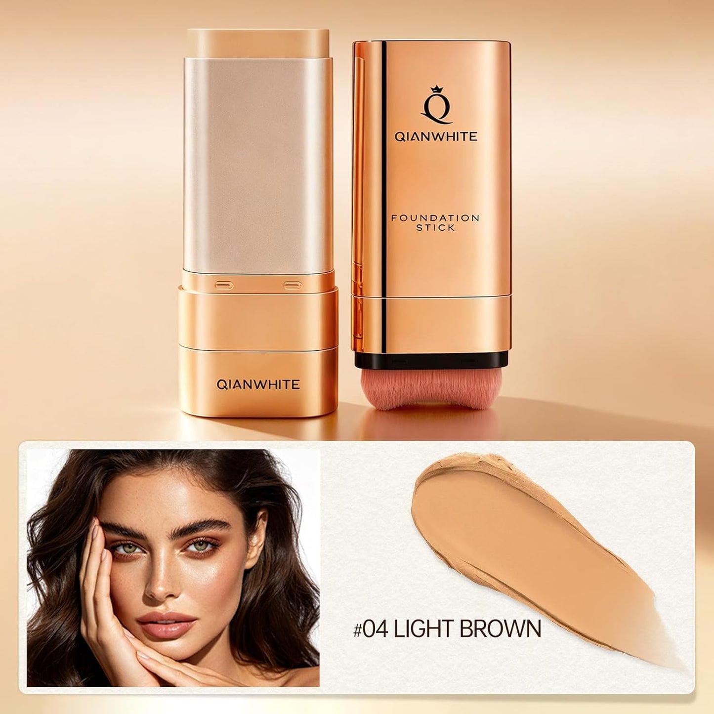 Korean Foundation Stick for Mature Skin - Buildable Light to Full Coverage Makeup | Dual-Ended with Brush - Light Brown