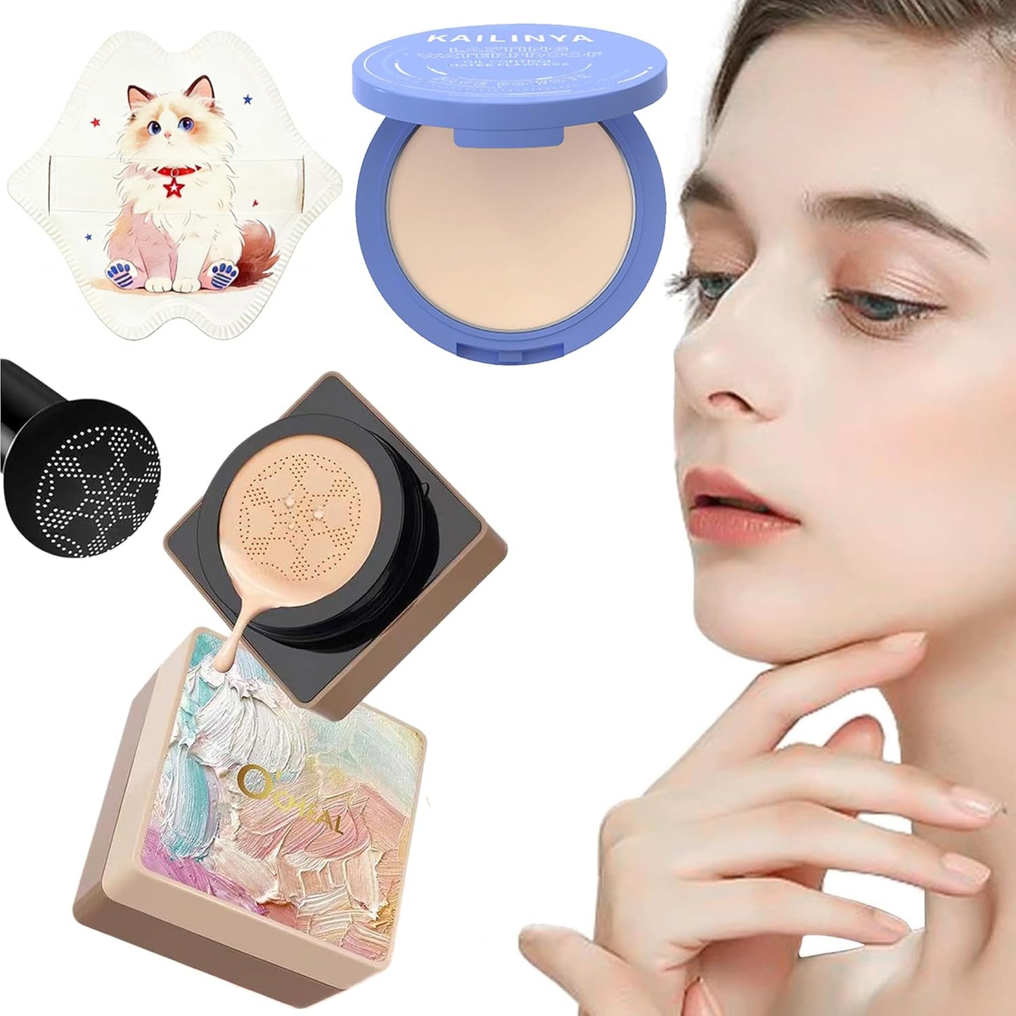 Mushroom-Head Cushion Foundation & Setting Powder Set - Long-Lasting Matte Finish | 3 Shades Available (Ivory White)