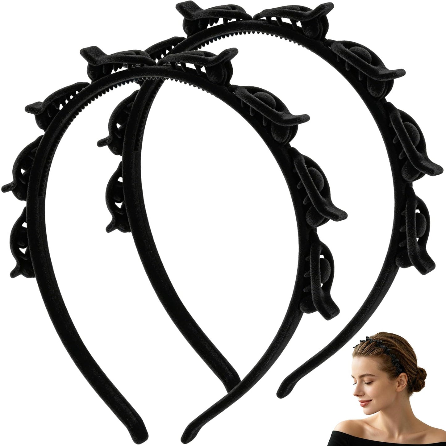 YALOJE 2 Pcs Headband with Clips, 90s Butterfly Hair Clips Headband with Teeth for Women, Braided Weave Bangs Non-Slip Clip Headbands Hair Accessories for Styling Decoration- Flocked Black