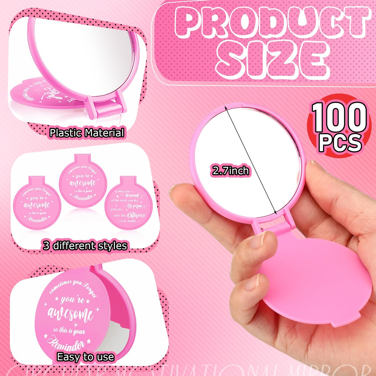Wenqik 100 Pcs Inspirational Mini Compact Mirrors Bulk, Women Small Gifts Bulk, Group Team Party Favors, Mini Pocket Purse Mirror for Travel, Client, Guest, Wedding, Birthday, Cheerleader (Pink)