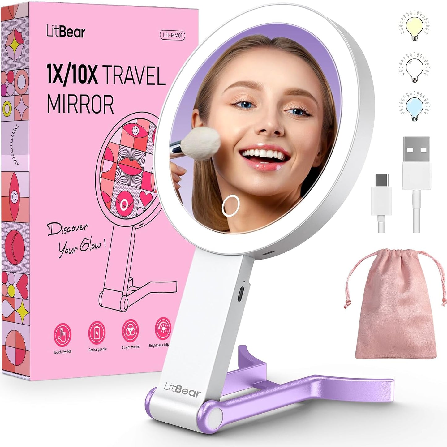 Travel Makeup Mirror with Lights - Rechargeable Double-Sided 10X/1X Magnifying | Portable Dimmable Touch Screen (Pink)