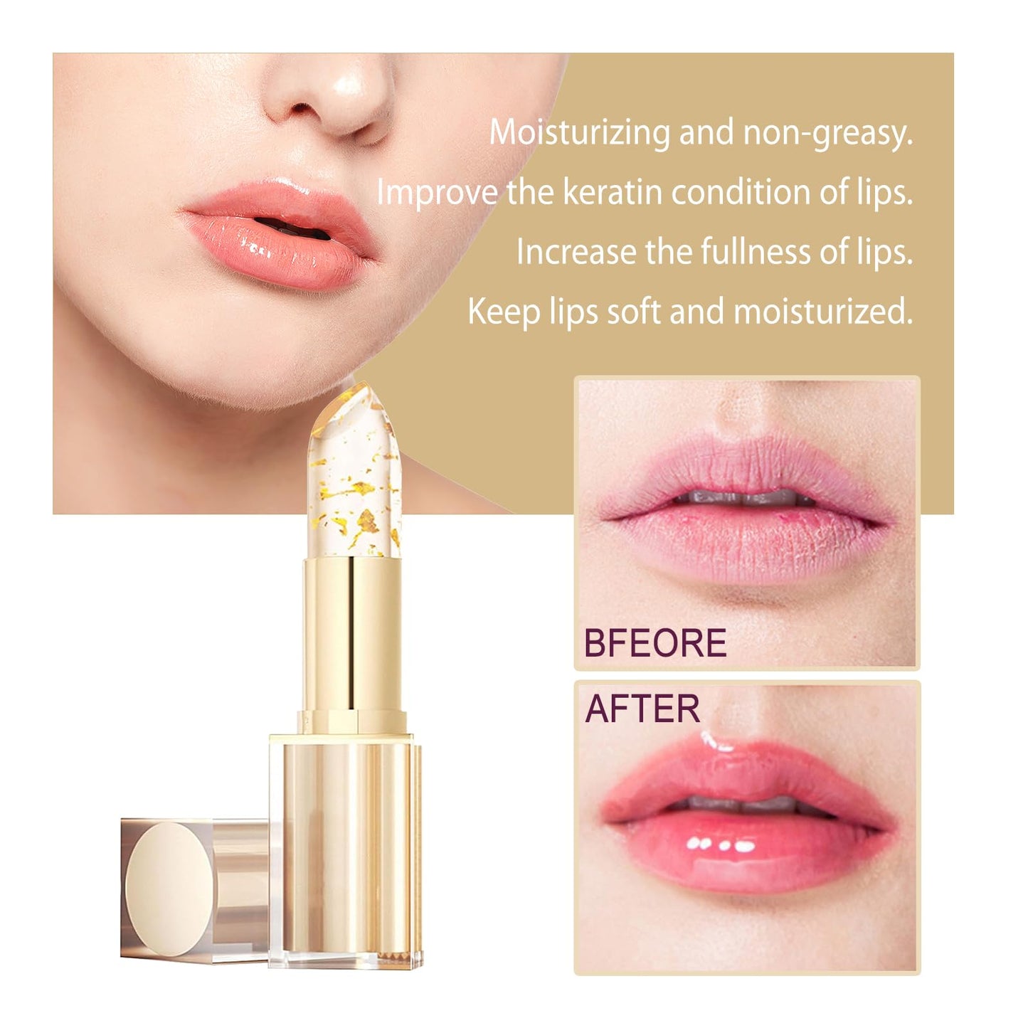POOLJOY Transferproof Color Changing Lipstick, Gold Crystal Ph Lipstick Color Changing, Long Lasting 24 Hours Moisturizing Glossy Shine Lip Gloss for Women (2PCS)
