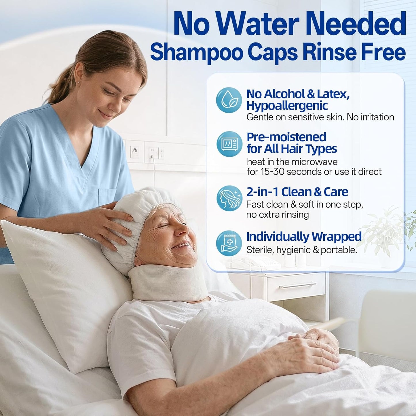 Shampoo Caps - 8 Pack No Water Rinse Microwavable | Waterless Hair Washing for Bedridden Patients & Camping - PH Balanced, Portable