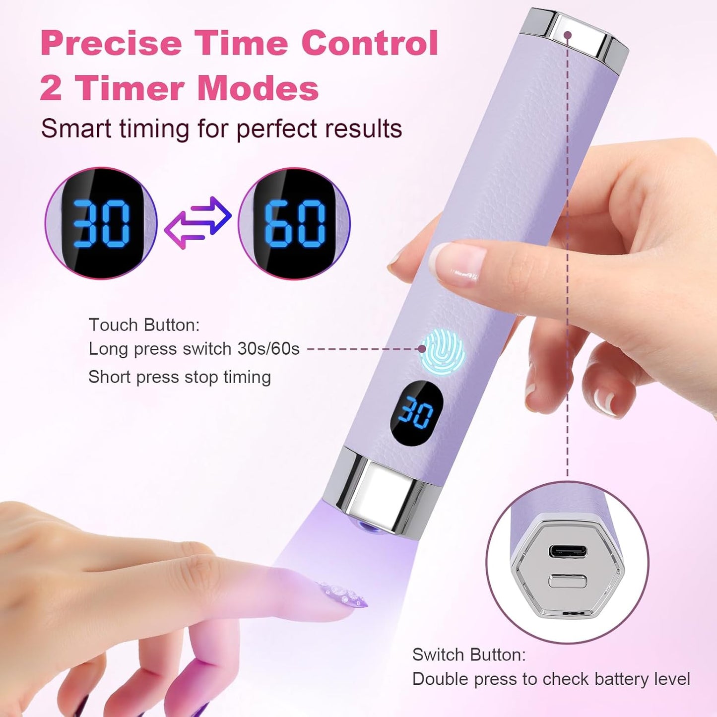 Handheld Mini Nail Lamp - Portable UV Light with Magnetic Stand & Smart Sensor | Fast Curing Gel Nails (Purple)
