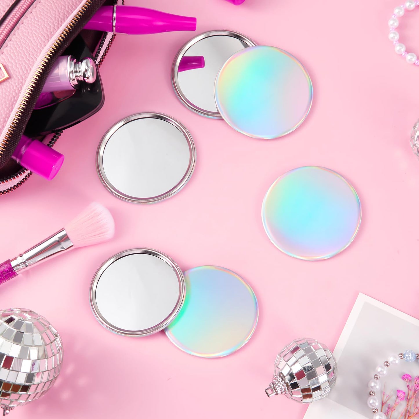 Qunclay 12 Pcs 2. 76'' Compact Mirror Bulk Gifts Mini Pocket Mirror Holographic Iridescent Small Round Makeup Glass for Purse Goody Bag Stuffers Women Teacher Girls Party Favors Travel Daily