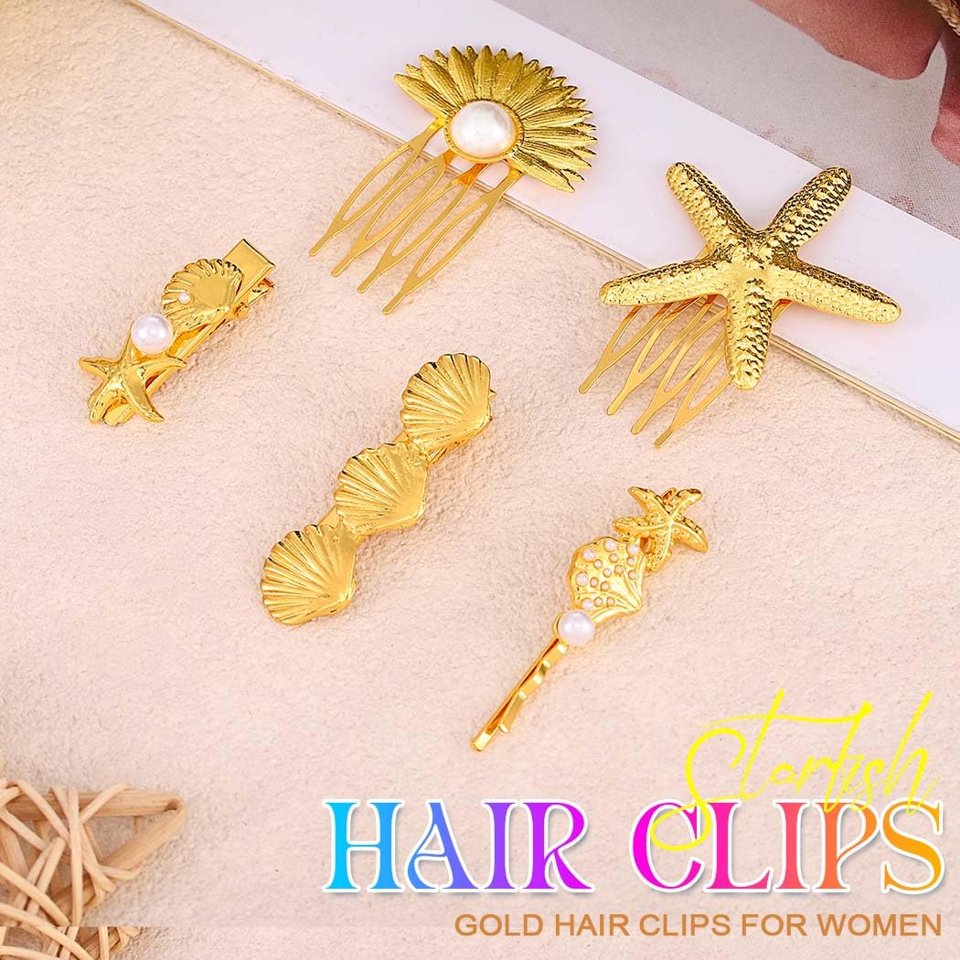 BARTOSI Shell Hair Clips Gold Starfish Hair Pins Decorative Hair Combs Hair Accessories for Women and Girls (Pack of 5)