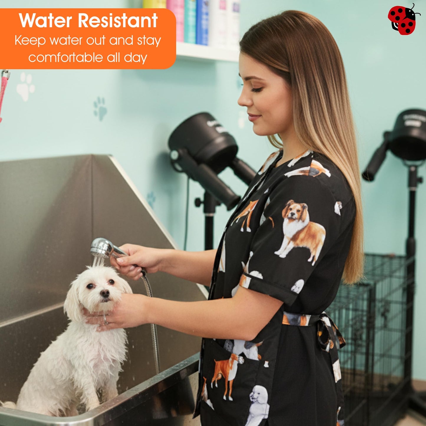 Ladybird Line 803 Dog Groups Grooming Smock, Water Resistant, Hair Bleach Proof, Breathable Mesh Lining, Adjustable Back Belt