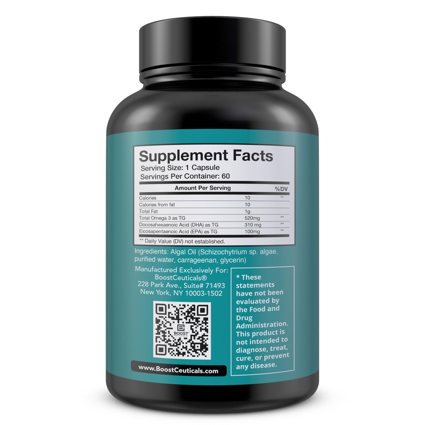 Vegan Omega 3 Algae DHA 410mg Supplement | No Fishy Aftertaste | Heart Brain | Schizochytrium sp DHA EPA Algae Oil 60ct