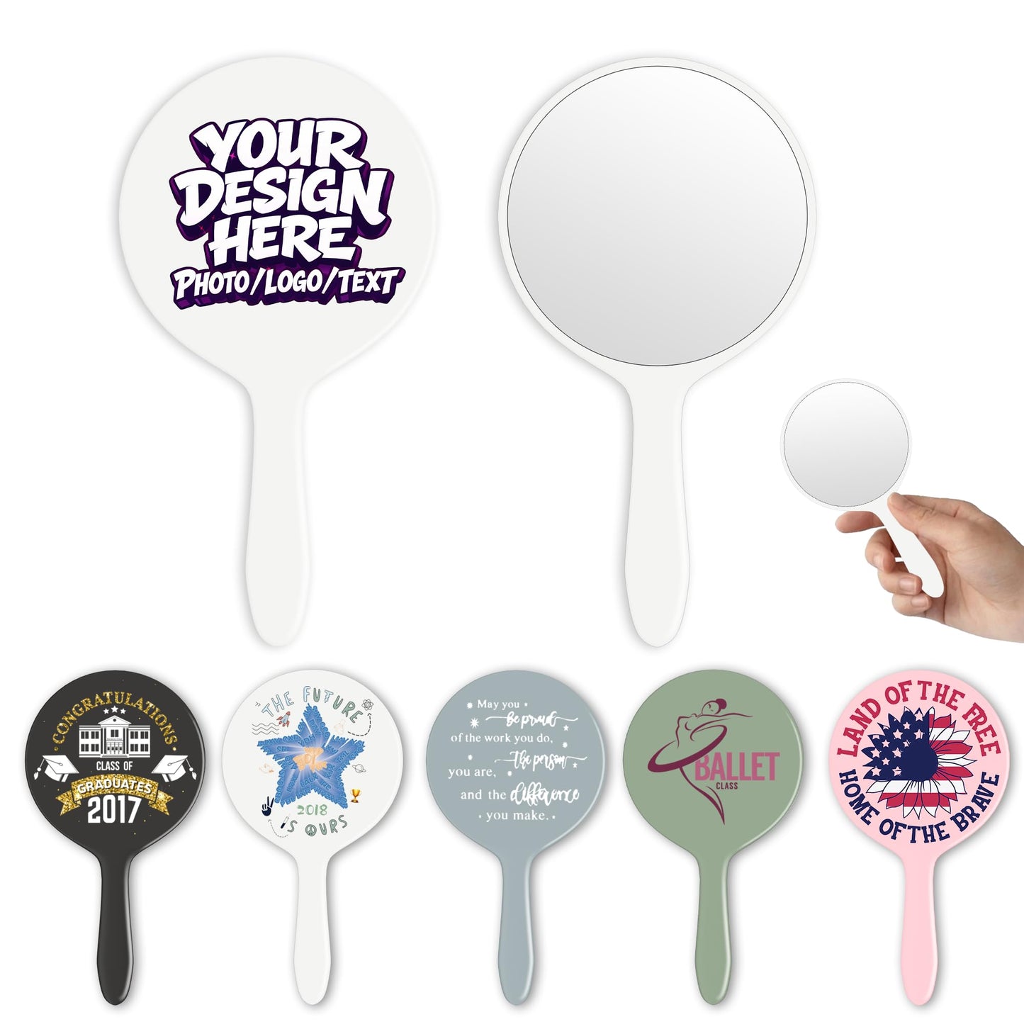 Personalized Handheld Mirror Bulk,Pack 10-150 Personalized Compact Mirror for Purse,Logo/Text Customizable,Round Travel Makeup Mirror,Personalized Gift for Branding,Party Favor,Promotion,Event (White)