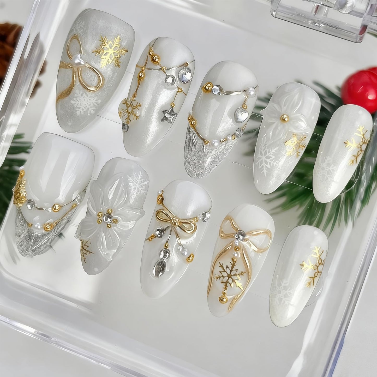 Christmas Press-On Nails - 24Pcs Medium Almond Acrylic with 3D Gold Snowflake & Floral Designs | Winter Red Full Cover