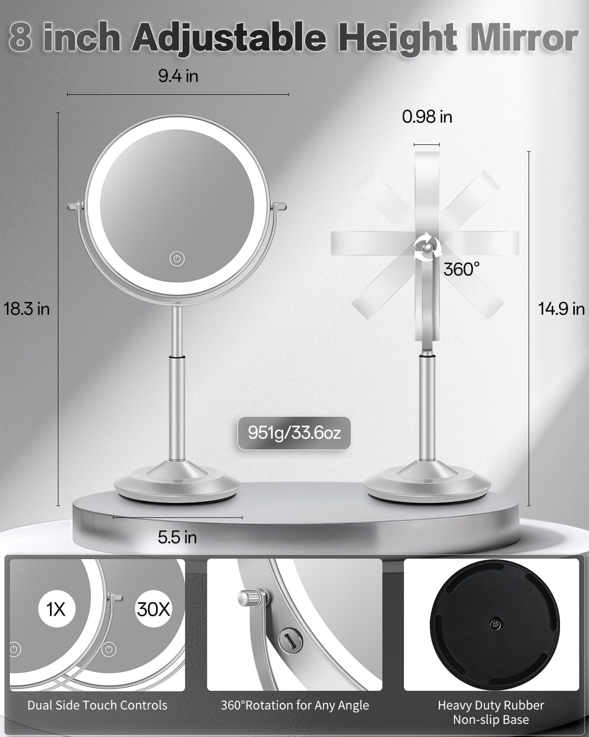 30X/1X Lighted Makeup Mirror - Adjustable Height Vanity Mirror with 3 Lighting Modes & Rechargeable 3000mAh Battery | Perfect Gift for Women
