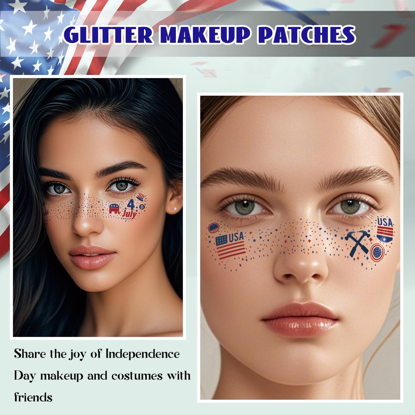 4th of July Glitter Freckles Face Tattoos, 18Pcs Independence Day Temporary Face Tattoos for Women and Girls, Patriotic Red White Blue Makeup Stickers for Memorial Day, Festival Party Decorations