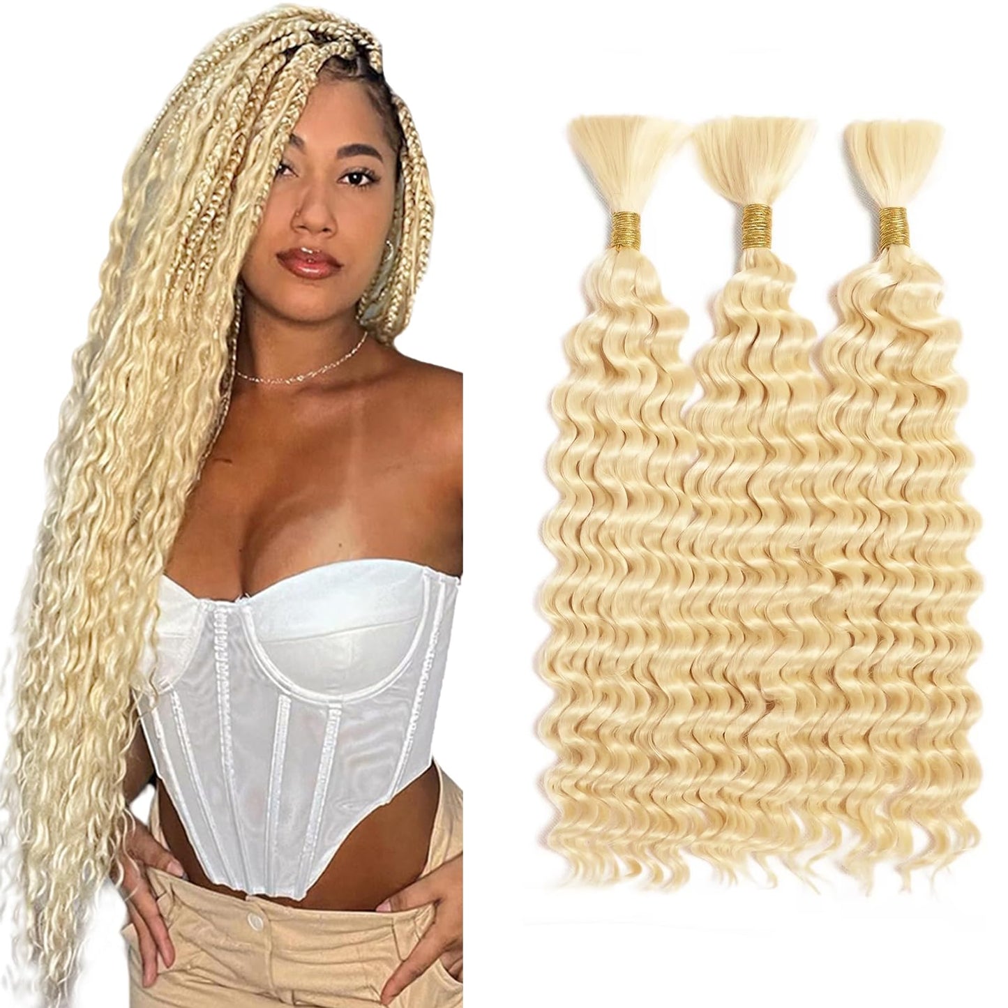 Blonde Human Braiding Hair for Boho Braids 3 Bundles 12 Inch 160g 12A 613 Blonde Deep Wave Braiding Hair for Braids Brazilian Bulk Human Hair Extensions