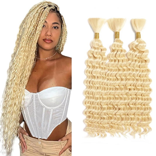 Blonde Human Braiding Hair for Boho Braids 3 Bundles 12 Inch 160g 12A 613 Blonde Deep Wave Braiding Hair for Braids Brazilian Bulk Human Hair Extensions